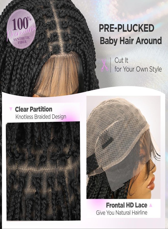 WIGER Knotless Full Double Lace Boho Braided Wigs for Black Women Nature Black Lace Front Braid Wig with Baby Hair Synthetic Pre Plucked Knotless Box Braids Wig with Curly Ends for Daily Party - Image 5